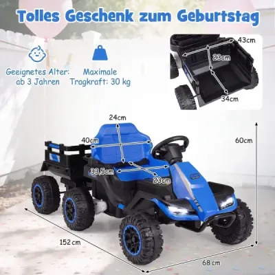 24V elektrický traktor pro děti od 3 let, dětský traktor s dálkovým ovládáním 2,4 GHz, modrý