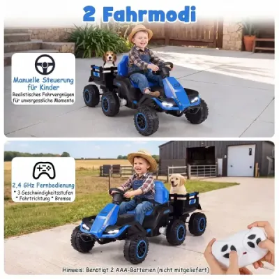 24V elektrický traktor pro děti od 3 let, dětský traktor s dálkovým ovládáním 2,4 GHz, modrý