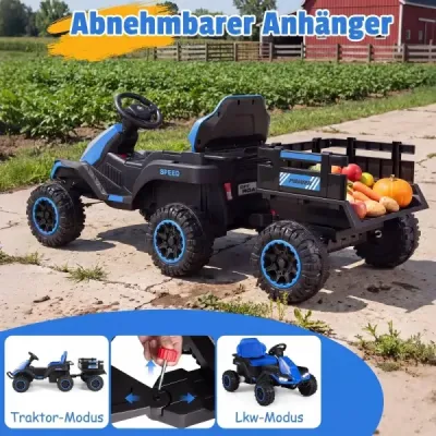 24V elektrický traktor pro děti od 3 let, dětský traktor s dálkovým ovládáním 2,4 GHz, modrý