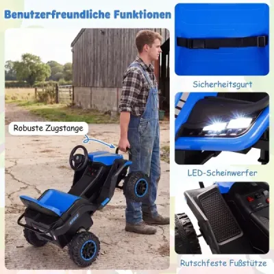24V elektrický traktor pro děti od 3 let, dětský traktor s dálkovým ovládáním 2,4 GHz, modrý