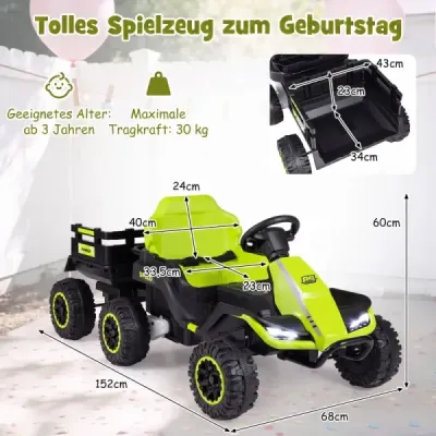 24V elektrický traktor pro děti od 3 let, dětský traktor s dálkovým ovládáním 2,4 GHz, zelený