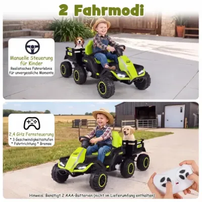 24V elektrický traktor pro děti od 3 let, dětský traktor s dálkovým ovládáním 2,4 GHz, zelený