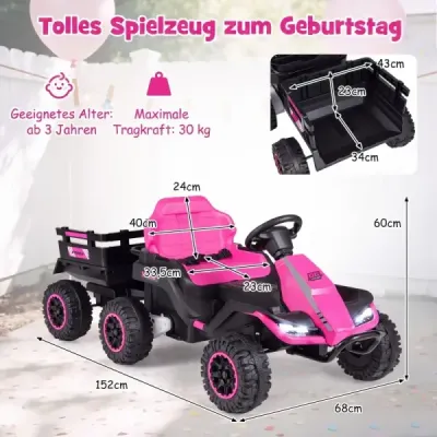 24V elektrický traktor pro děti od 3 let, dětský traktor s dálkovým ovládáním 2,4 GHz, růžový