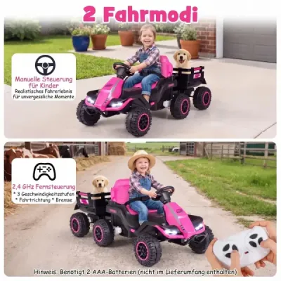24V elektrický traktor pro děti od 3 let, dětský traktor s dálkovým ovládáním 2,4 GHz, růžový