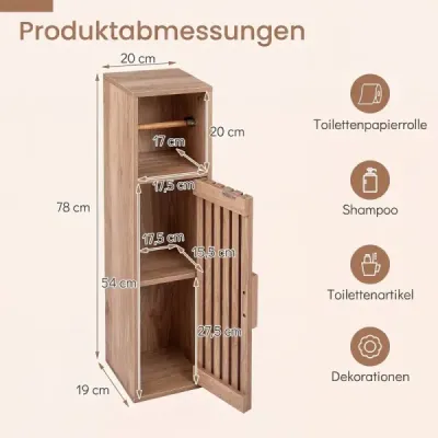 Úzká dřevěná koupelnová skříňka 20 x 19 x 78 cm s držákem na toaletní papír a skříňkou, přírodní povrchová úprava