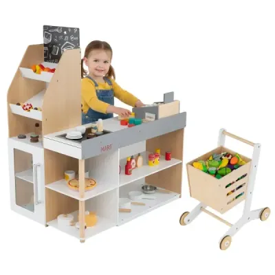 Dřevěný dětský obchod/supermarket pro dívky a chlapce od 3 let s tabulí a pokladnou