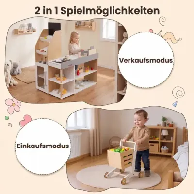 Dřevěný dětský obchod/supermarket pro dívky a chlapce od 3 let s tabulí a pokladnou