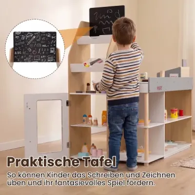 Dřevěný dětský obchod/supermarket pro dívky a chlapce od 3 let s tabulí a pokladnou