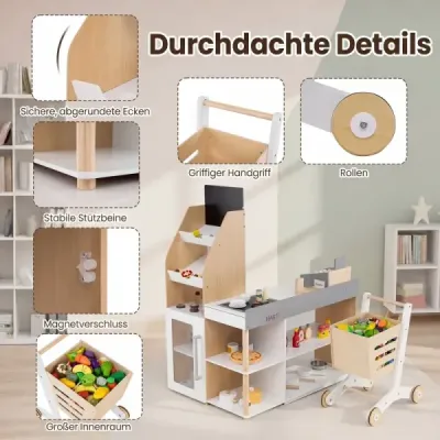 Dřevěný dětský obchod/supermarket pro dívky a chlapce od 3 let s tabulí a pokladnou