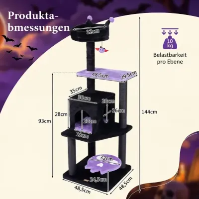 144 cm gotický kočičí strom se škrabadly, pelíškem a kočičí jeskyní, černý + fialový