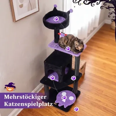 144 cm gotický kočičí strom se škrabadly, pelíškem a kočičí jeskyní, černý + fialový