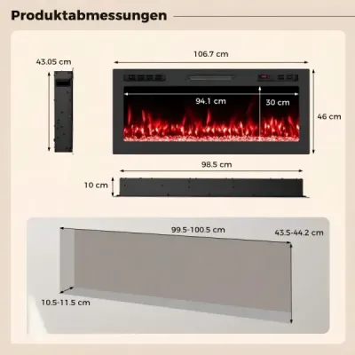Elektrický krb 42" s ohřívačem 750 W/1500 W, vestavný krb s dálkovým ovládáním a ovládáním přes aplikaci, WiFi
