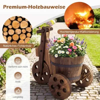Rustikální dřevěný tříkolový květináč/sud/květináč s drenážním otvorem pro pěstování zeleniny, bylinek a kávy.