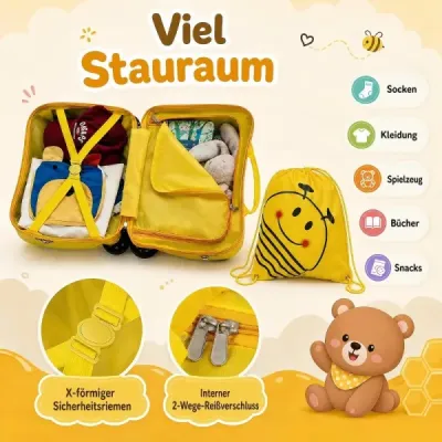 3dílná sada dětských kufrů, dětský vozík ve tvaru včely k sezení, pro děti od 3 let, žlutý