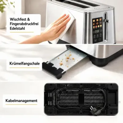 Topinkovač z nerezové oceli na 4 plátky s LED displejem a miskou na drobky, 1600 W, toustovač s dlouhým otvorem, stříbrný