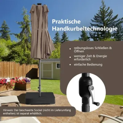 Velký dvojitý zahradní slunečník 470 cm s 48 solárními LED světly a klikou, hnědý