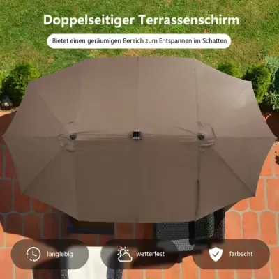 Velký dvojitý zahradní slunečník 470 cm s 48 solárními LED světly a klikou, hnědý