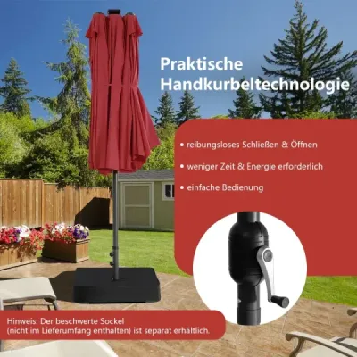 Velký dvojitý zahradní slunečník 470 cm s 48 solárními LED světly a klikou, vínově červený