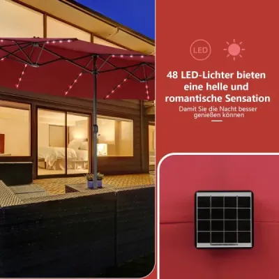 Velký dvojitý zahradní slunečník 470 cm s 48 solárními LED světly a klikou, vínově červený