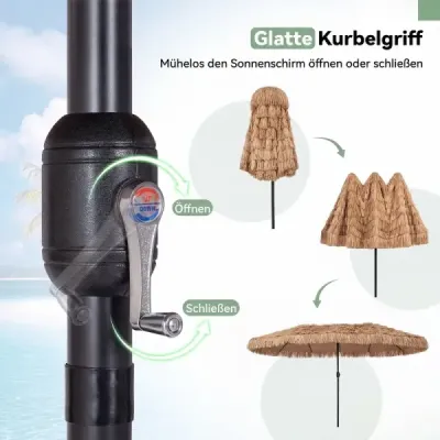Havajský slaměný slunečník 450 cm s klikou a 12 kovovými žebry, zahradní slunečník s ochranou proti slunci, hnědý