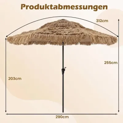 Havajský slunečník, 290 cm, slaměný slunečník, naklápěcí o 30° s LED solárním osvětlením, světle hnědý