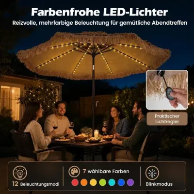 Havajský slunečník, 290 cm, slaměný slunečník, naklápěcí o 30° s LED solárním osvětlením, světle hnědý