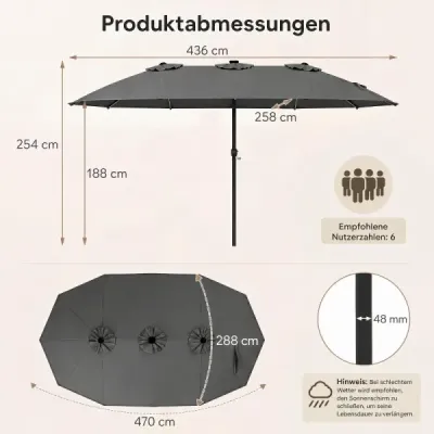Slunečník 4,5 m, oboustranný terasový slunečník s barevnými solárními světly, klikou, šedý