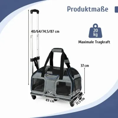 Cestovní taška pro psy, skládací přepravní box pro psy s kolečky, odnímatelným polštářem a teleskopickou rukojetí, modrá