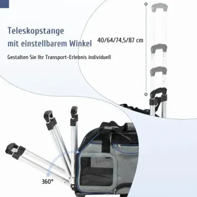 Cestovní taška pro psy, skládací přepravní box pro psy s kolečky, odnímatelným polštářem a teleskopickou rukojetí, modrá