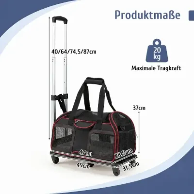 Cestovní taška pro psy, skládací přepravní box pro psy s kolečky, odnímatelným polštářem a teleskopickou rukojetí, červená