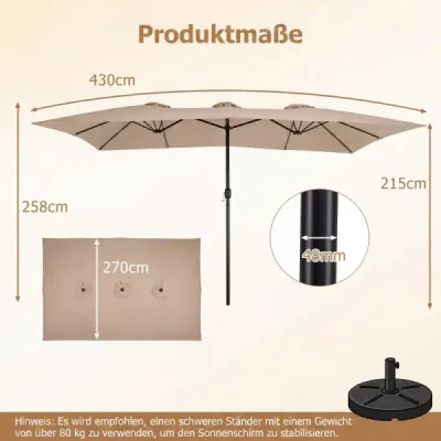 Dvojitý slunečník 430 x 276 x 260 cm – extra velký zahradní slunečník s 12 žebry, bez stojanu, hnědý