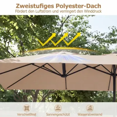 Dvojitý slunečník 430 x 276 x 260 cm – extra velký zahradní slunečník s 12 žebry, bez stojanu, hnědý