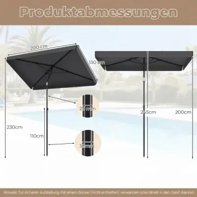 Slunečník 200 x 130 cm Obdélníkový balkonový slunečník s úhlem sklonu 30° Sklopný zahradní slunečník Šedý
