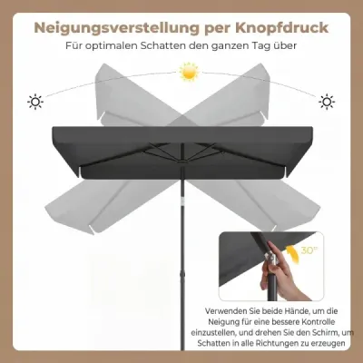 Slunečník 200 x 130 cm Obdélníkový balkonový slunečník s úhlem sklonu 30° Sklopný zahradní slunečník Šedý