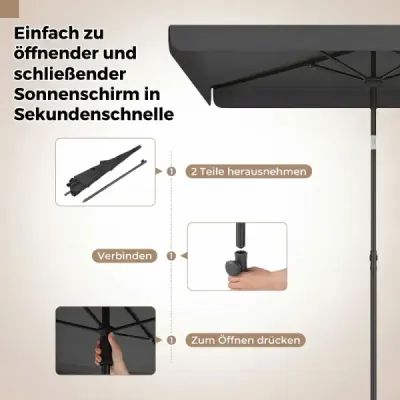Slunečník 200 x 130 cm Obdélníkový balkonový slunečník s úhlem sklonu 30° Sklopný zahradní slunečník Šedý