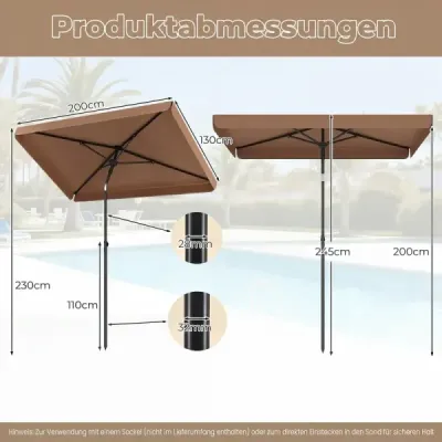 Slunečník 200 x 130 cm Obdélníkový balkonový slunečník s úhlem sklonu 30° Sklopný zahradní slunečník, hnědý
