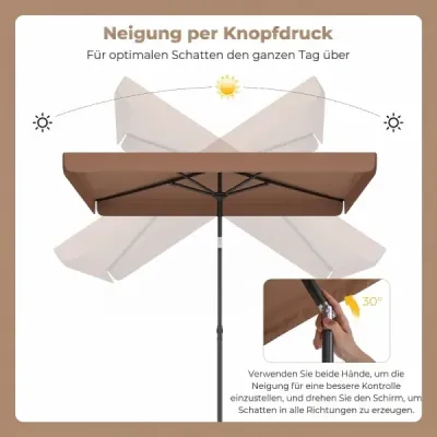 Slunečník 200 x 130 cm Obdélníkový balkonový slunečník s úhlem sklonu 30° Sklopný zahradní slunečník, hnědý