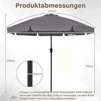 Slunečník 286 cm, zahradní slunečník s klikou a sklopným mechanismem 30°, slunečník na balkon, šedý