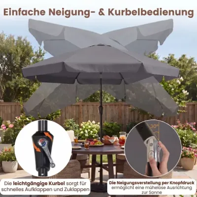 Slunečník 286 cm, zahradní slunečník s klikou a sklopným mechanismem 30°, slunečník na balkon, šedý