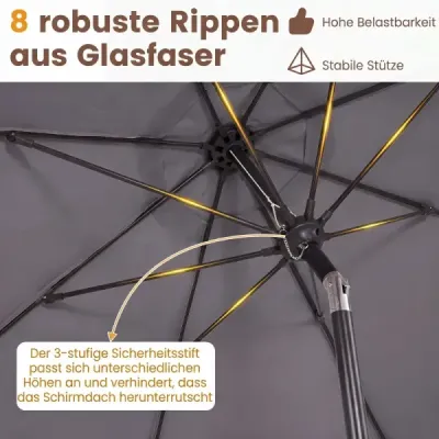 Slunečník 286 cm, zahradní slunečník s klikou a sklopným mechanismem 30°, slunečník na balkon, šedý