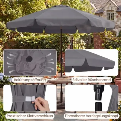 Slunečník 286 cm, zahradní slunečník s klikou a sklopným mechanismem 30°, slunečník na balkon, šedý
