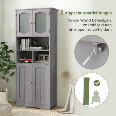 Koupelnová skříňka – volně stojící vysoká skříňka se 4 dvířky a policemi, 60 x 30 x 148,5 cm, šedá