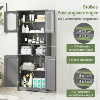Koupelnová skříňka – volně stojící vysoká skříňka se 4 dvířky a policemi, 60 x 30 x 148,5 cm, šedá