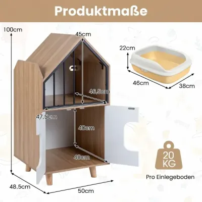 Kočičí domeček 3 v 1 ve tvaru domu – moderní kočičí skříňka se stabilními nohami, rozměry 50 x 48,5 x 100 cm