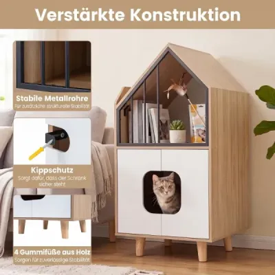 Kočičí domeček 3 v 1 ve tvaru domu – moderní kočičí skříňka se stabilními nohami, rozměry 50 x 48,5 x 100 cm