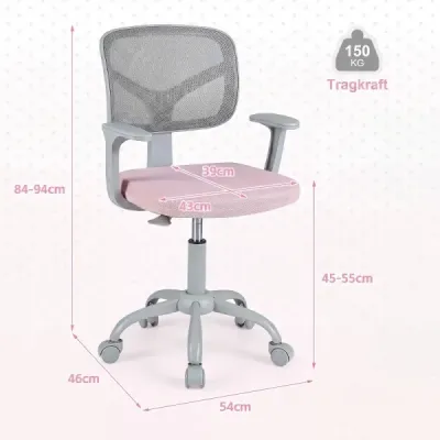 Ergonomická dětská židle k psacímu stolu s nastavitelnou výškou a samozamykacími kolečky, růžová