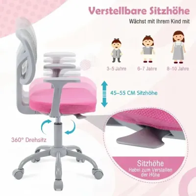 Ergonomická dětská židle k psacímu stolu s nastavitelnou výškou a samozamykacími kolečky, tmavě růžová