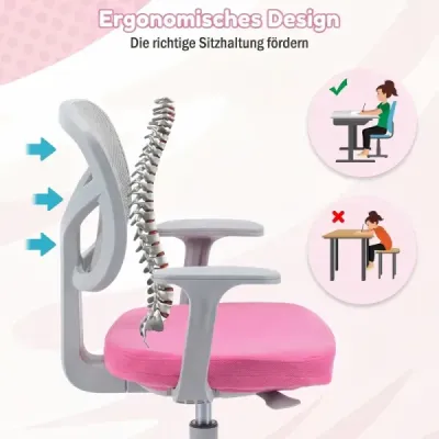Ergonomická dětská židle k psacímu stolu s nastavitelnou výškou a samozamykacími kolečky, tmavě růžová