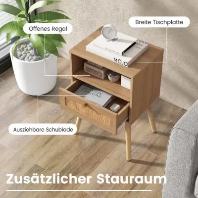 Noční stolek z ratanu, sada 2 ks – noční stolek se zásuvkou a otevřenou přihrádkou, 40 x 30 x 60,5 cm, přírodní