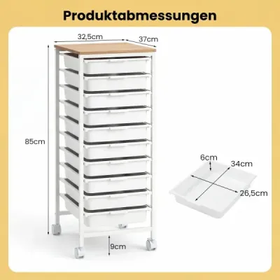 Vozík s 10 stohovatelnými zásuvkami a úchyty – pojízdný kontejner 37 x 32,5 x 85 cm, bílý